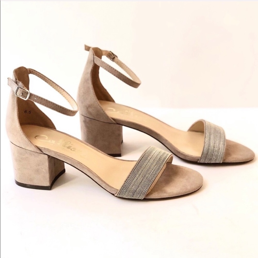Callisto •NEW• Taupe Suede Beaded Block Heels